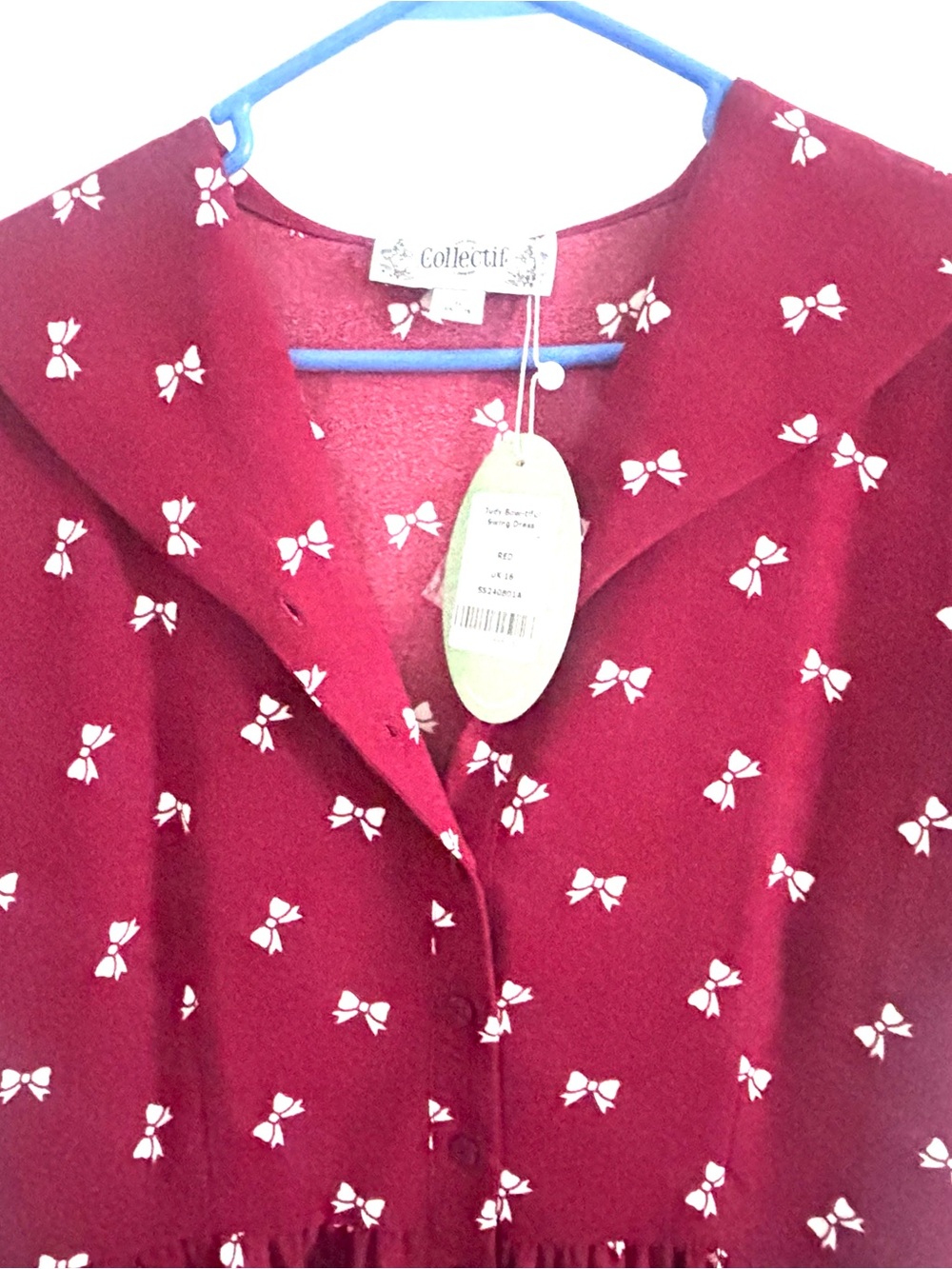 Collectif London Judy Bow Print Swing Dress NWT Burgundy Retro Collared XL UK 16 - Picture 4 of 10